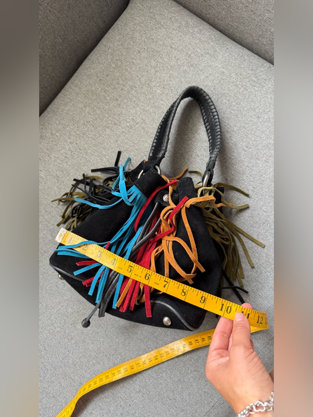 Patricia Nash Elisa Black Suede Multicolor Fringe Bucket Bag Boho Western - Picture 10 of 12